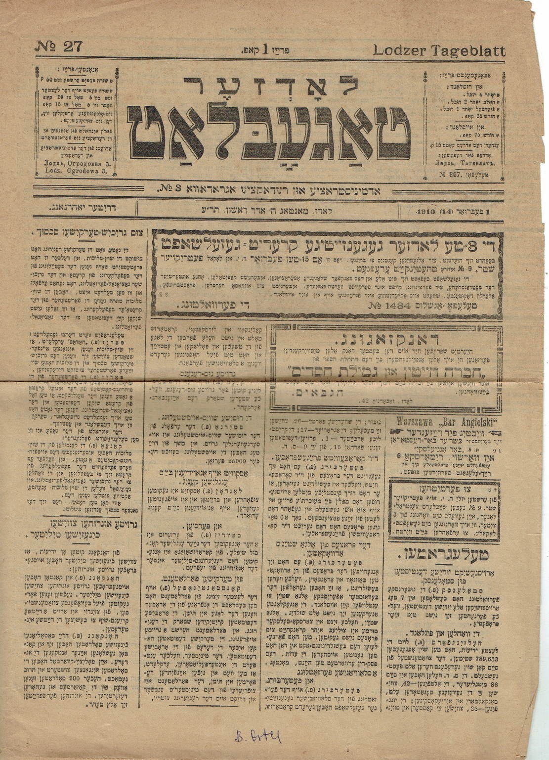 Łódź Gazeta LODZER TAGEBALTT 1910. Nr 27. Judaica