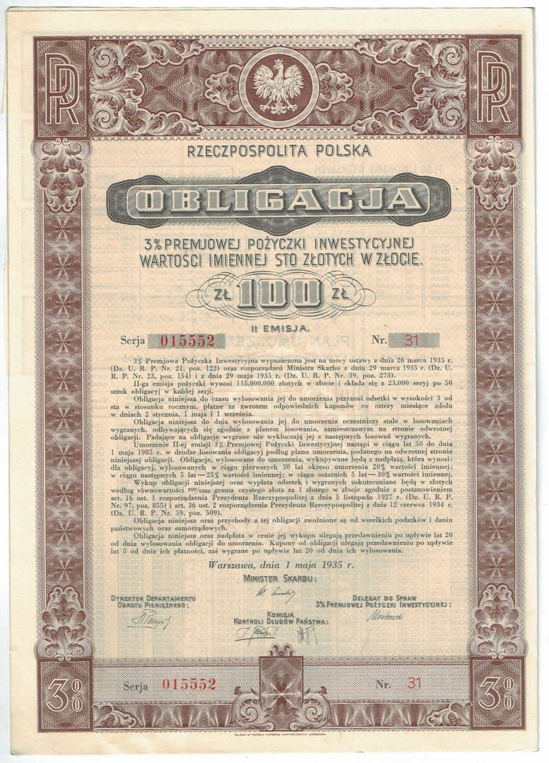 Obligacja 3% Premjowej Pożyczki Inwestycyjnej – 100 złotych w złocie – II emisja – Warszawa 1935