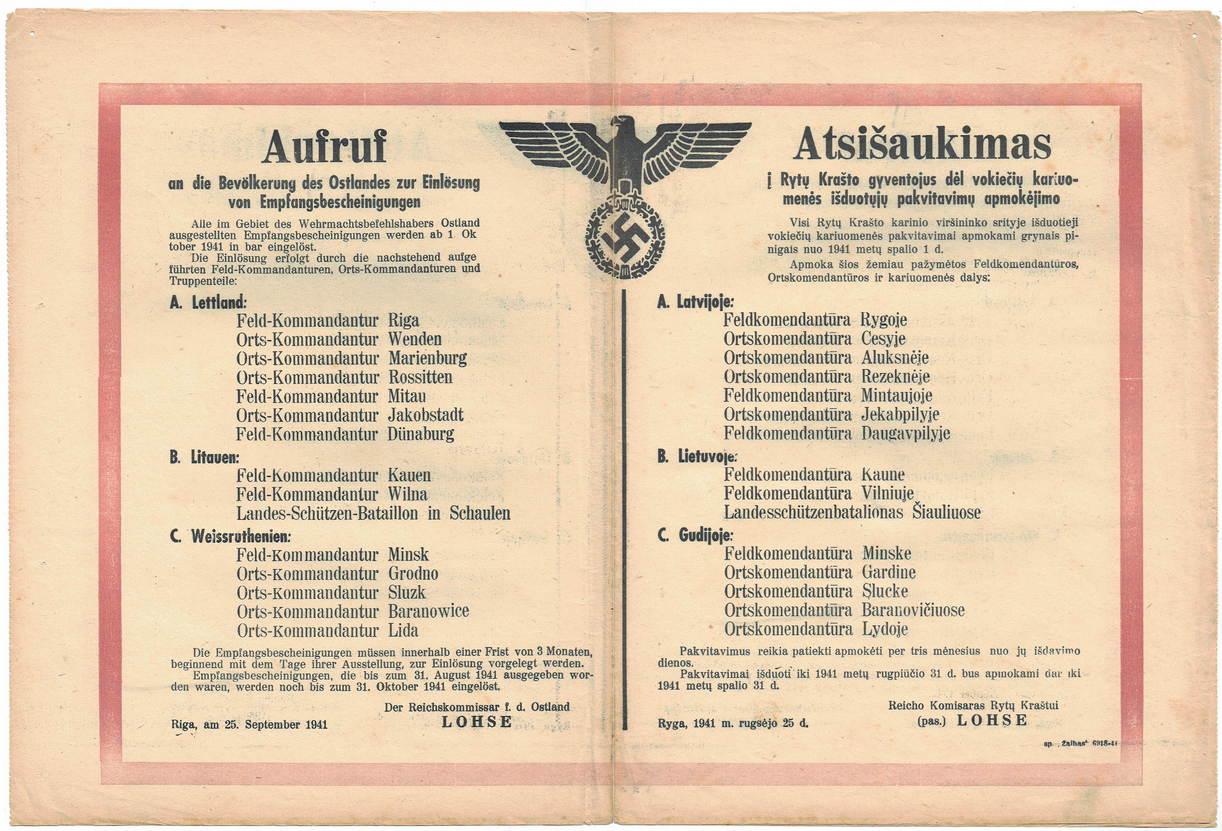 Okupacja niemiecka 1941 dwujęzyczny afisz niemiecko-litewski z listą komendantur: