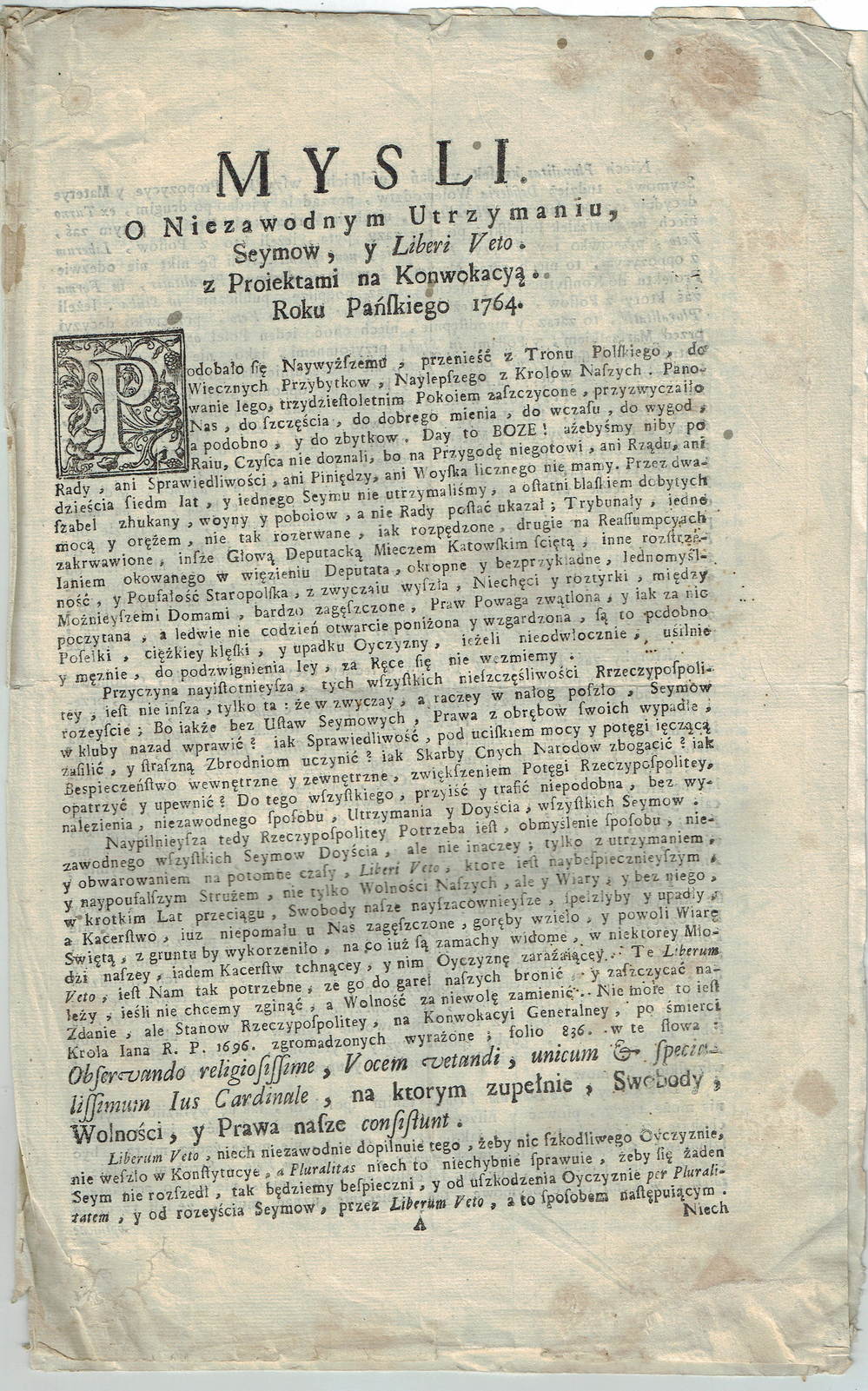 Myśli o niezawodnym utrzymaniu Seymów y Liberi Veto z Proiektami na Konwokacyą. Roku Pańskiego 1764