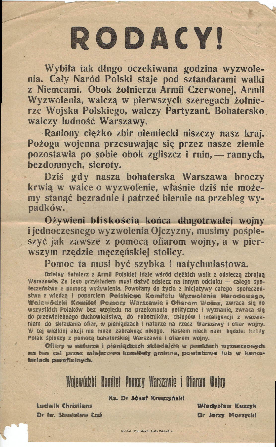 „Rodacy!” – odezwa Wojewódzkiego Komitetu Pomocy Warszawie i Ofiarom Wojny, Lublin 1944