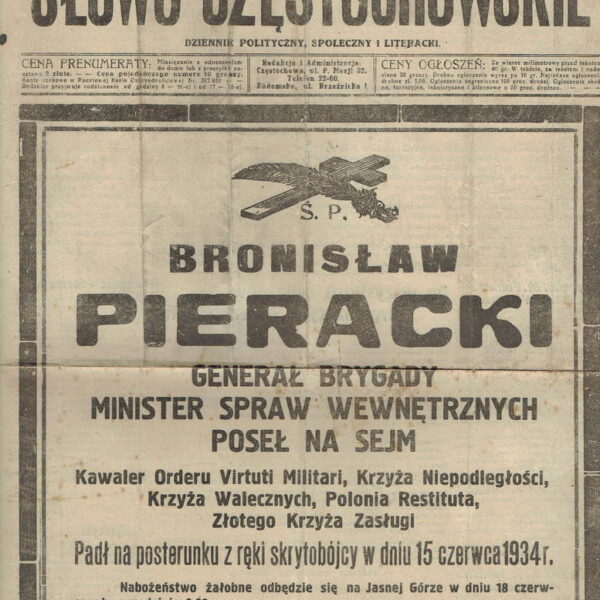 Śmierć ministra Pierackiego – wydanie specjalne „Słowa Częstochowskiego” 1934