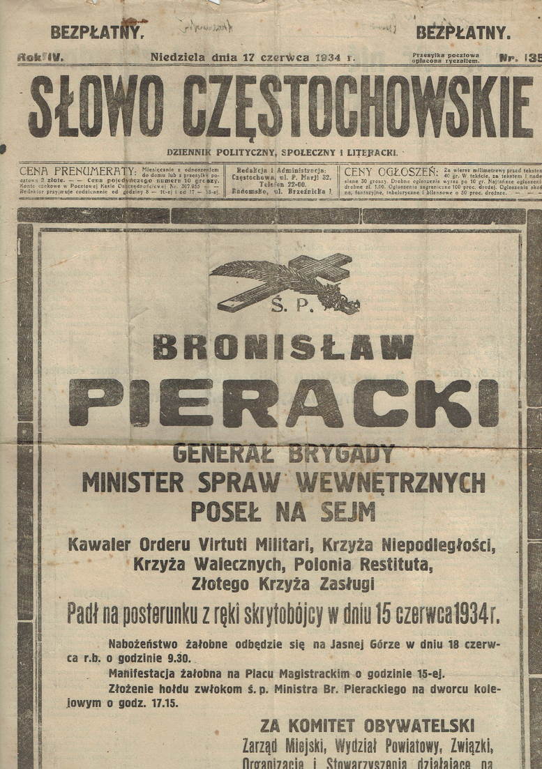 Śmierć ministra Pierackiego – wydanie specjalne „Słowa Częstochowskiego” 1934