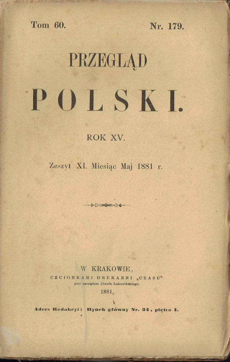 Przegląd Polski 1881, z. XI (nr 179) Miesięcznik stańczyków z listem Zygmunta Sierakowskiego z zesłania